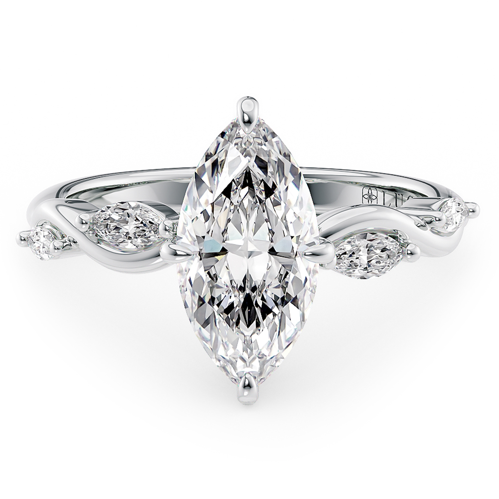 Load image into Gallery viewer, LUCCE Marquise Diamond Engagement Ring on Low Setting with marquise accents in Gold or Platinum

