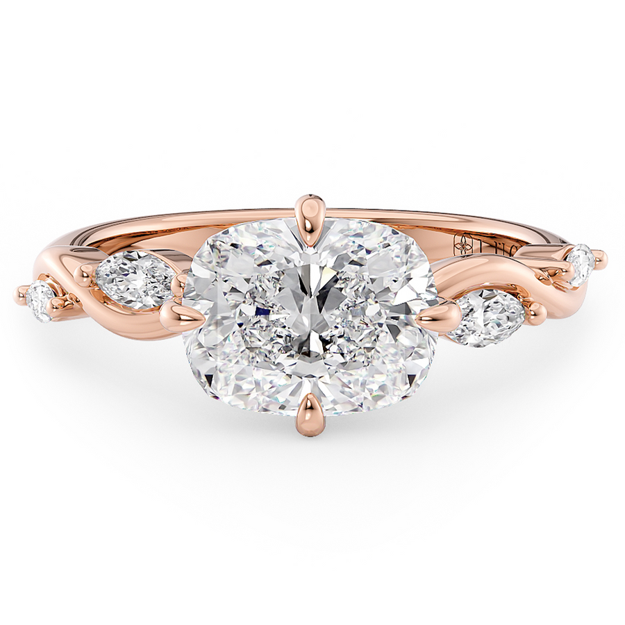 Load image into Gallery viewer, LUCCE Cushion Diamond Engagement Ring on East-West Low Setting with marquise accents in Gold or Platinum
