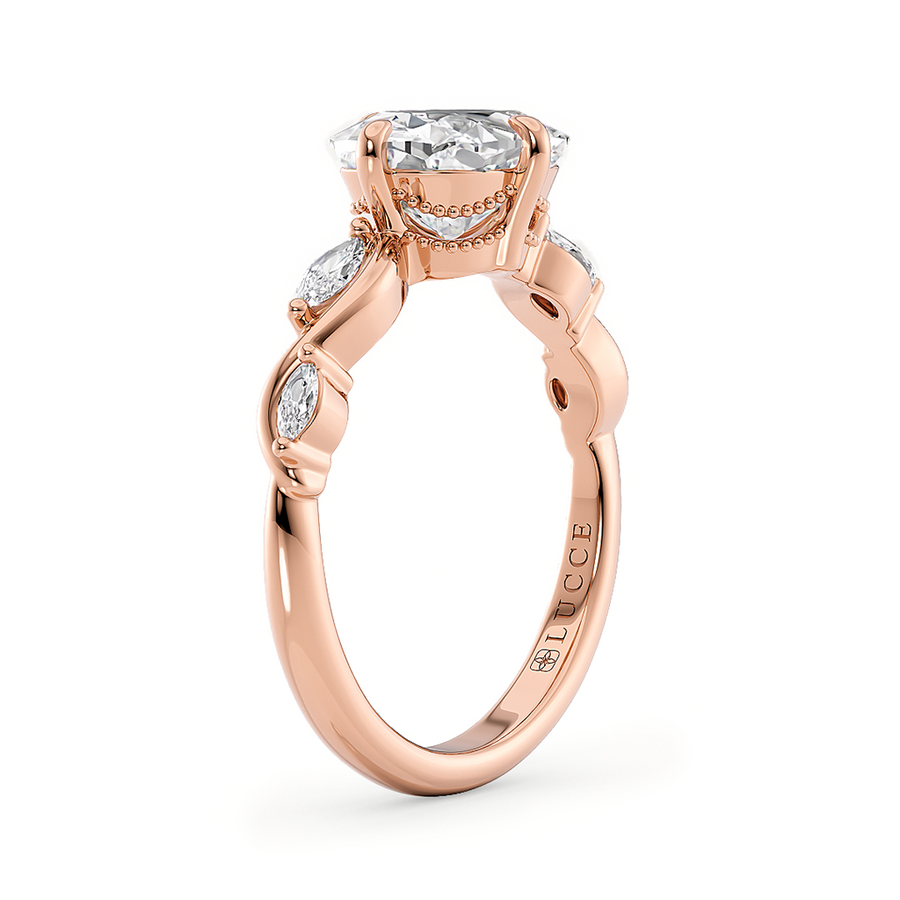 Load image into Gallery viewer, LUCCE Cushion Diamond Engagement Ring on East-West Low Setting with marquise accents in Gold or Platinum
