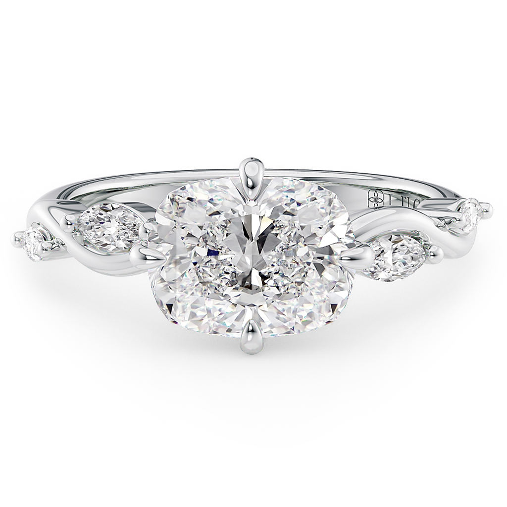 Load image into Gallery viewer, LUCCE Cushion Diamond Engagement Ring on East-West Low Setting with marquise accents in Gold or Platinum
