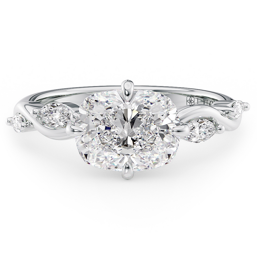 Load image into Gallery viewer, LUCCE Cushion Diamond Engagement Ring on East-West Low Setting with marquise accents in Gold or Platinum
