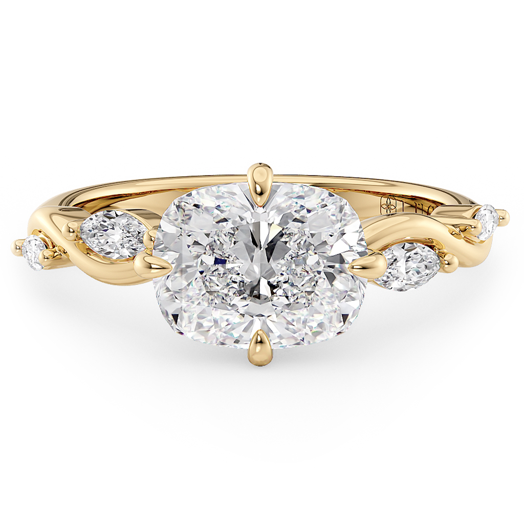 Load image into Gallery viewer, LUCCE Cushion Diamond Engagement Ring on East-West Low Setting with marquise accents in Gold or Platinum
