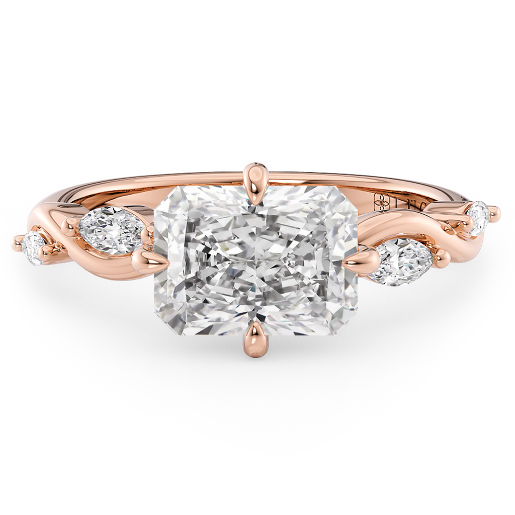 Load image into Gallery viewer, LUCCE Radiant Diamond Engagement Ring on East-West Low Setting with marquise accents in Gold or Platinum
