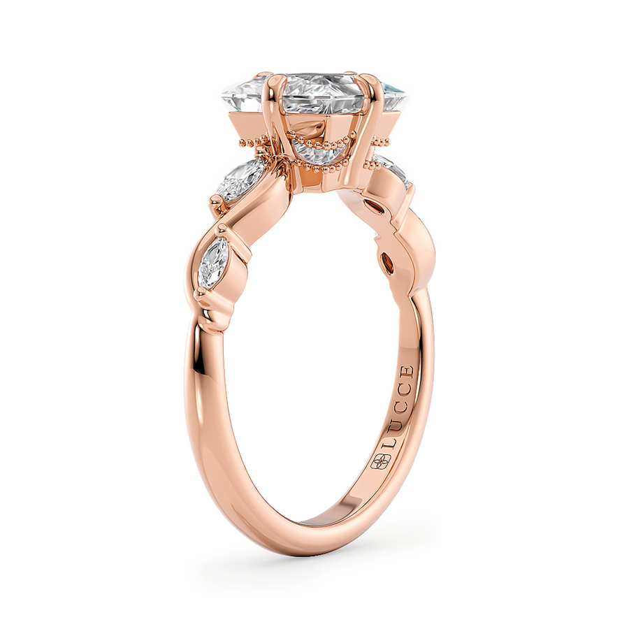 Load image into Gallery viewer, LUCCE Cushion Diamond Engagement Ring on Low Setting with marquise accents in Gold or Platinum

