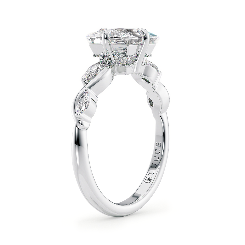 Load image into Gallery viewer, LUCCE Cushion Diamond Engagement Ring on Low Setting with marquise accents in Gold or Platinum
