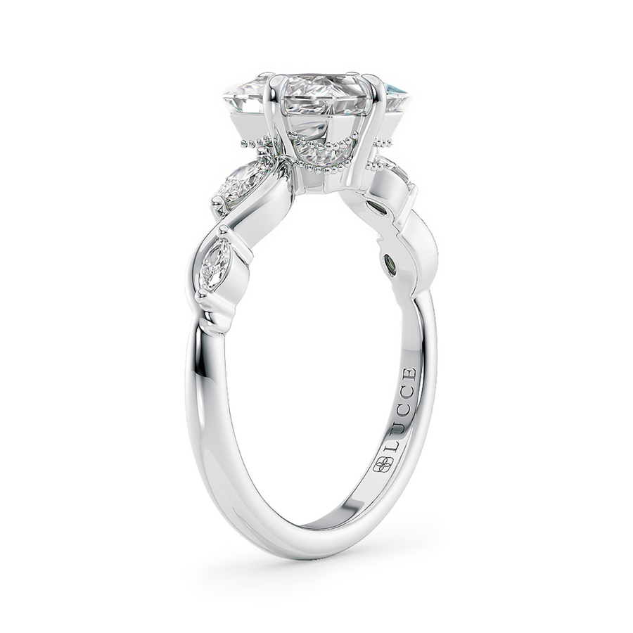 Load image into Gallery viewer, LUCCE Cushion Diamond Engagement Ring on Low Setting with marquise accents in Gold or Platinum
