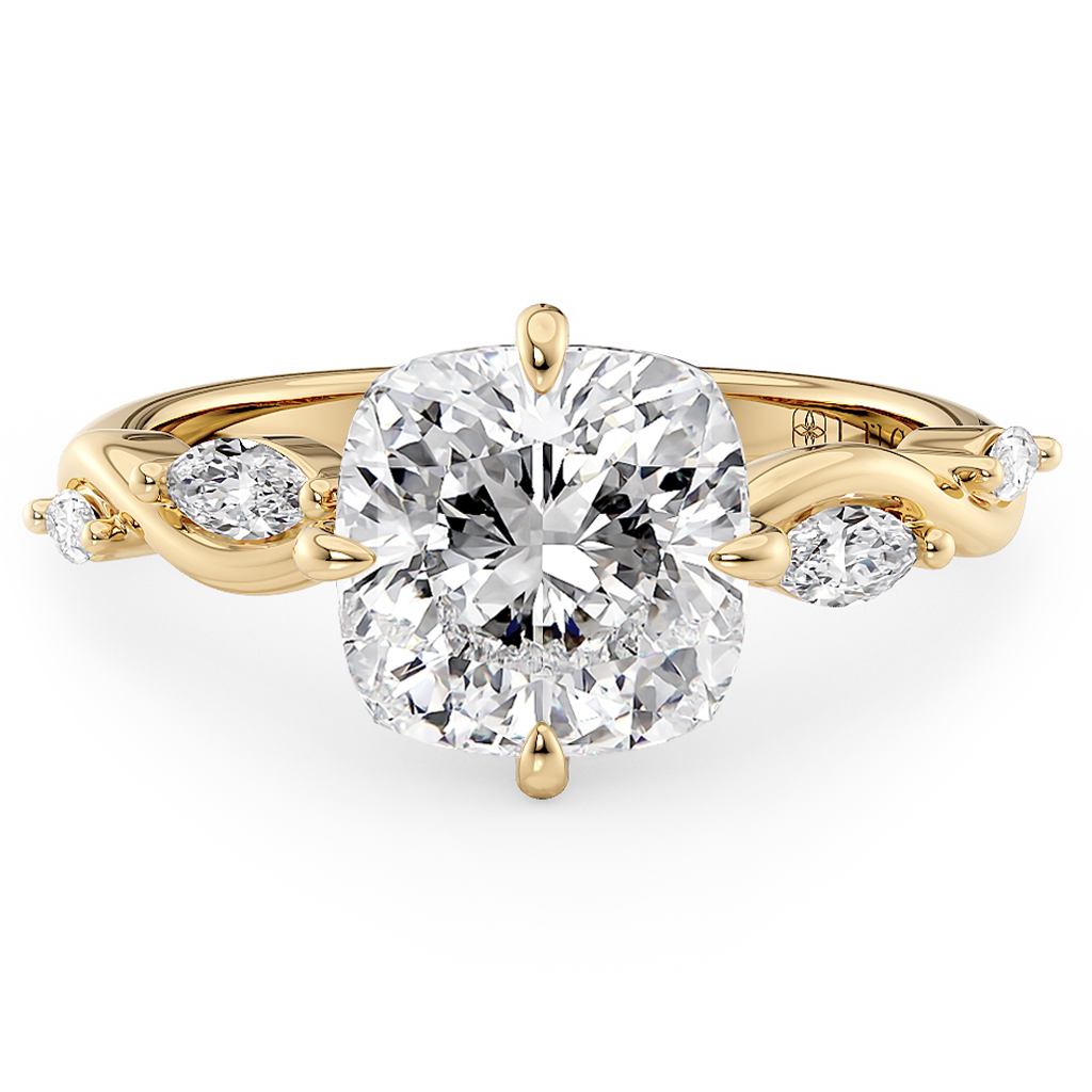Load image into Gallery viewer, LUCCE Cushion Diamond Engagement Ring on Low Setting with marquise accents in Gold or Platinum
