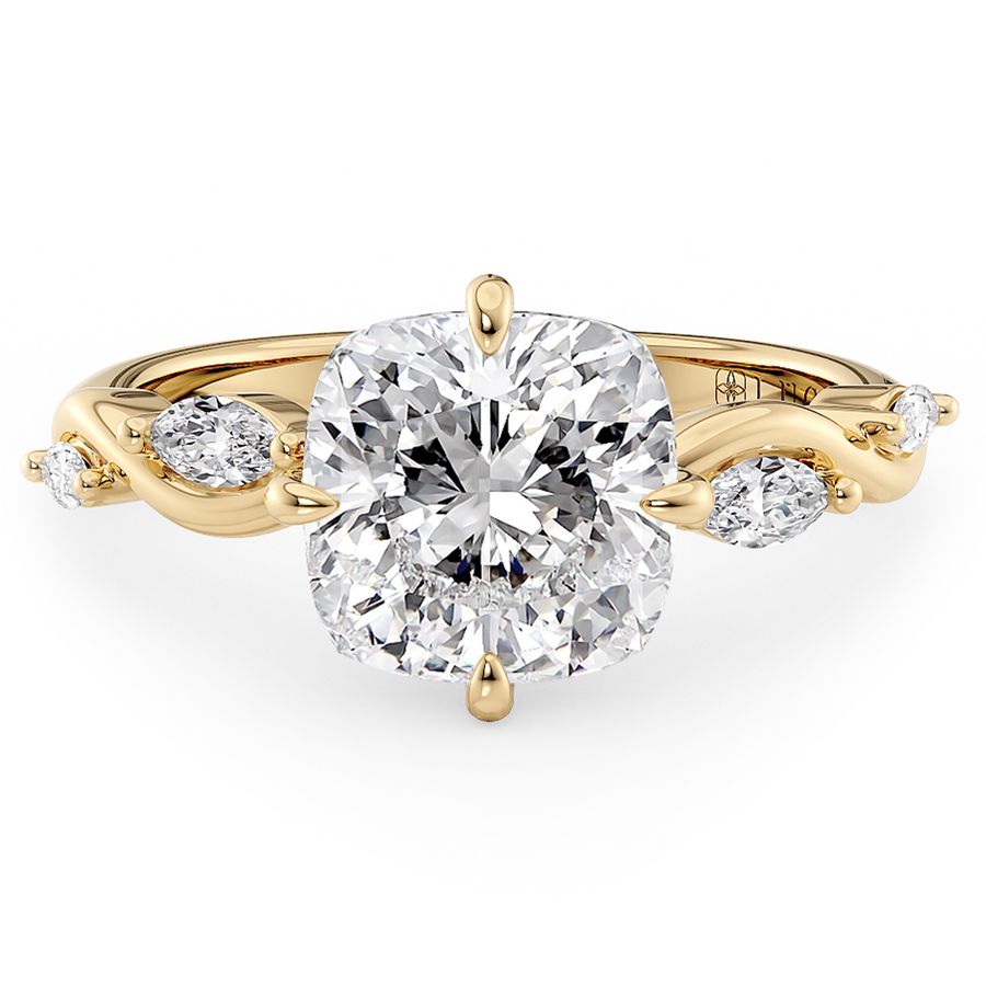 Load image into Gallery viewer, LUCCE Cushion Diamond Engagement Ring on Low Setting with marquise accents in Gold or Platinum
