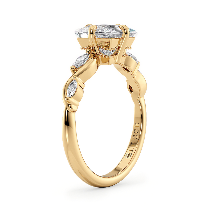 Load image into Gallery viewer, LUCCE Cushion Diamond Engagement Ring on Low Setting with marquise accents in Gold or Platinum
