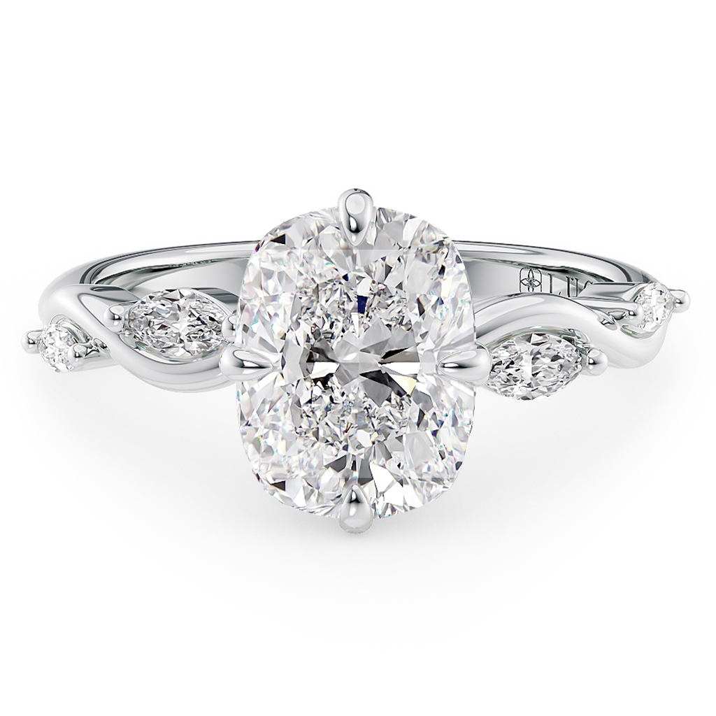 Load image into Gallery viewer, LUCCE Cushion Diamond Engagement Ring on Low Setting with marquise accents in Gold or Platinum

