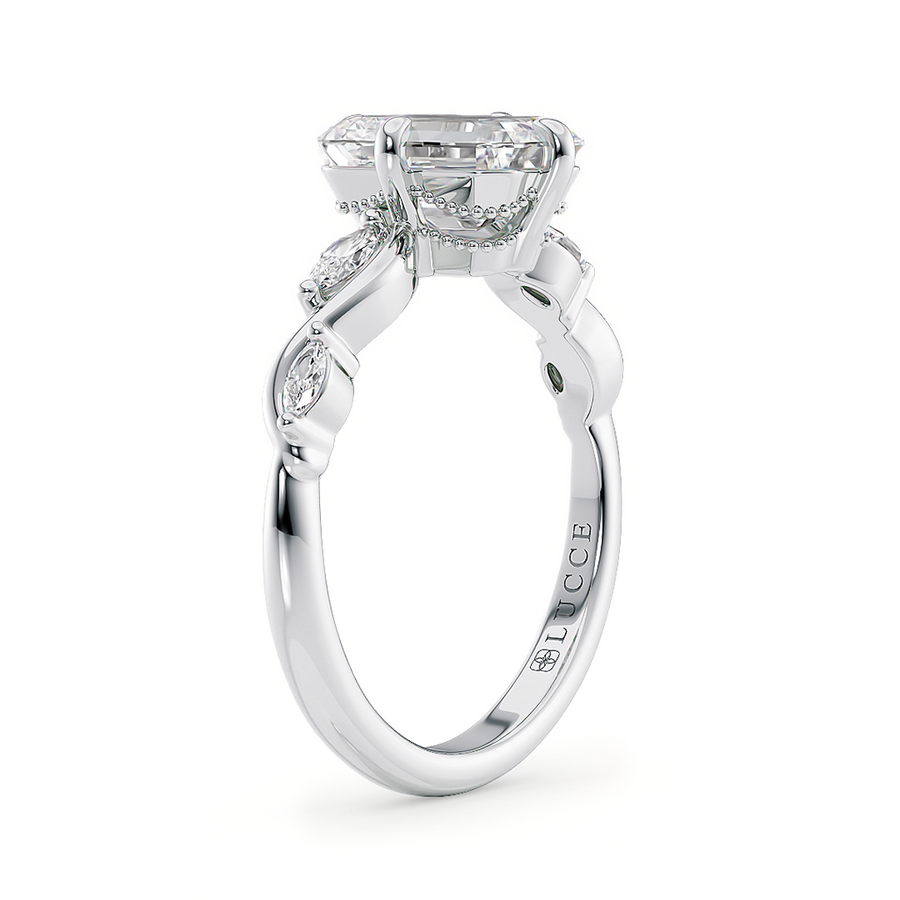Load image into Gallery viewer, LUCCE Emerald Engagement Ring Low Setting with Lab or Natural Diamond and marquise accents in Gold or Platinum
