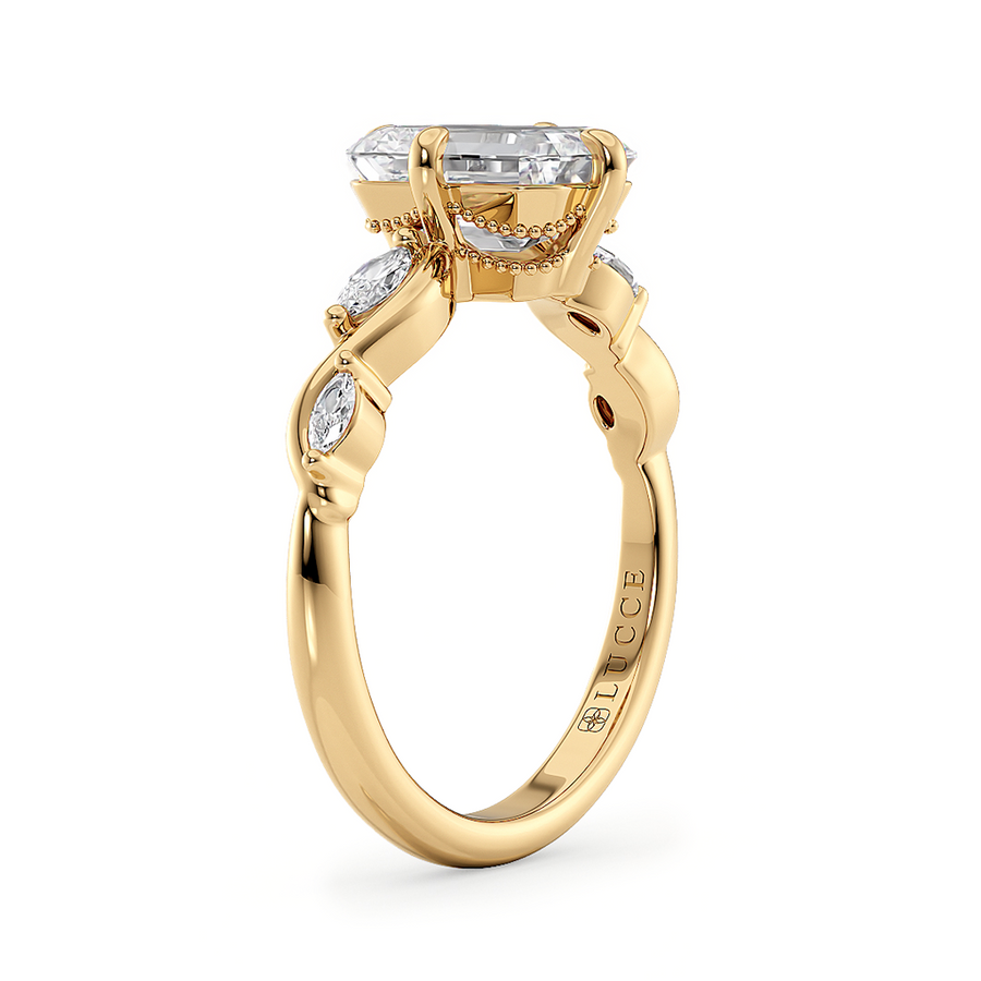 Load image into Gallery viewer, LUCCE Emerald Engagement Ring Low Setting with Lab or Natural Diamond and marquise accents in Gold or Platinum
