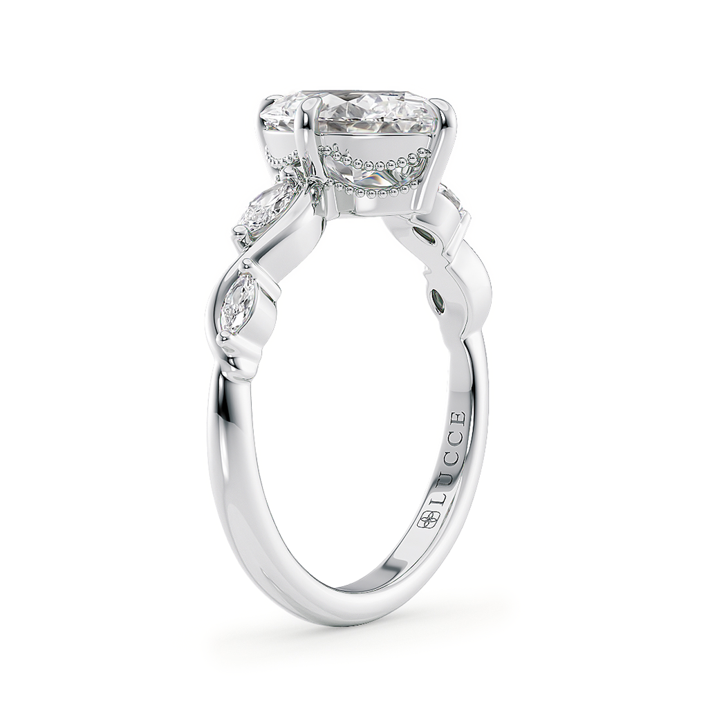Load image into Gallery viewer, LUCCE Oval Engagement Ring Low Setting with Lab or Natural Diamond and marquise accents in Gold or Platinum
