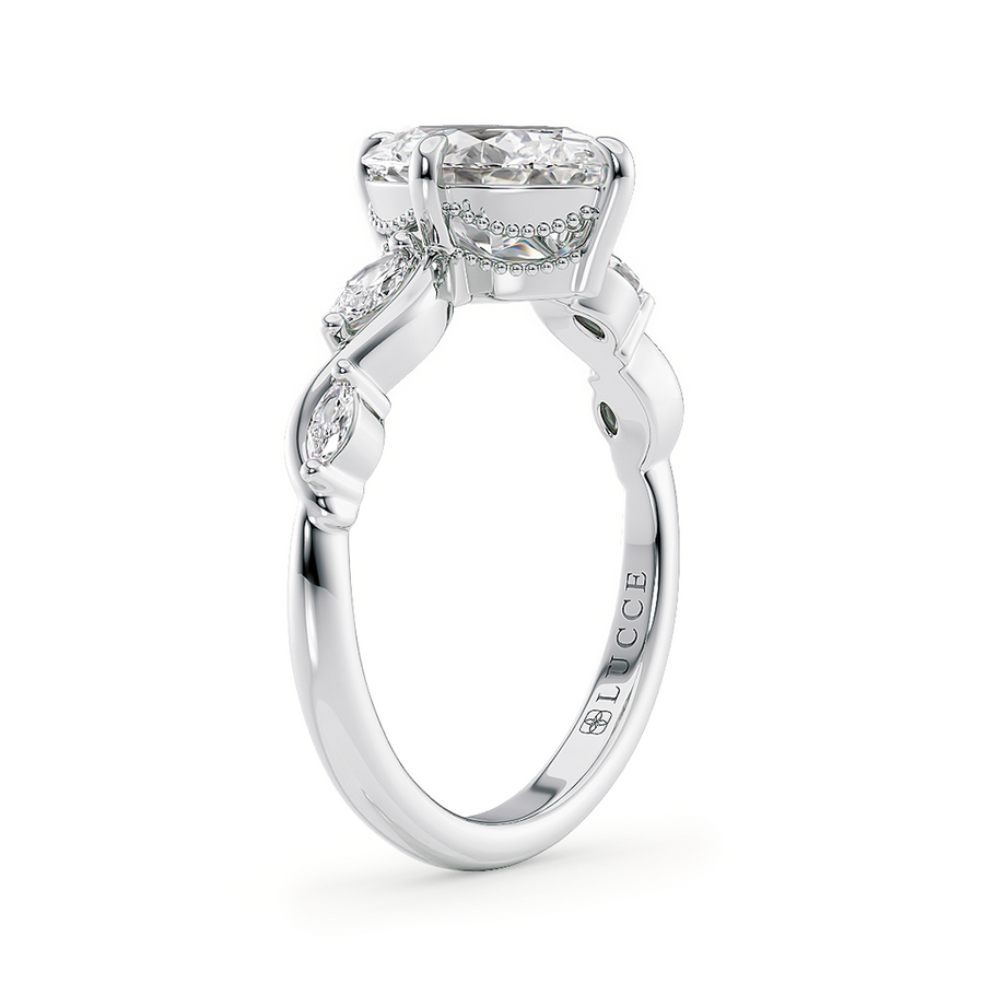 Load image into Gallery viewer, LUCCE Oval Engagement Ring Low Setting with Lab or Natural Diamond and marquise accents in Gold or Platinum
