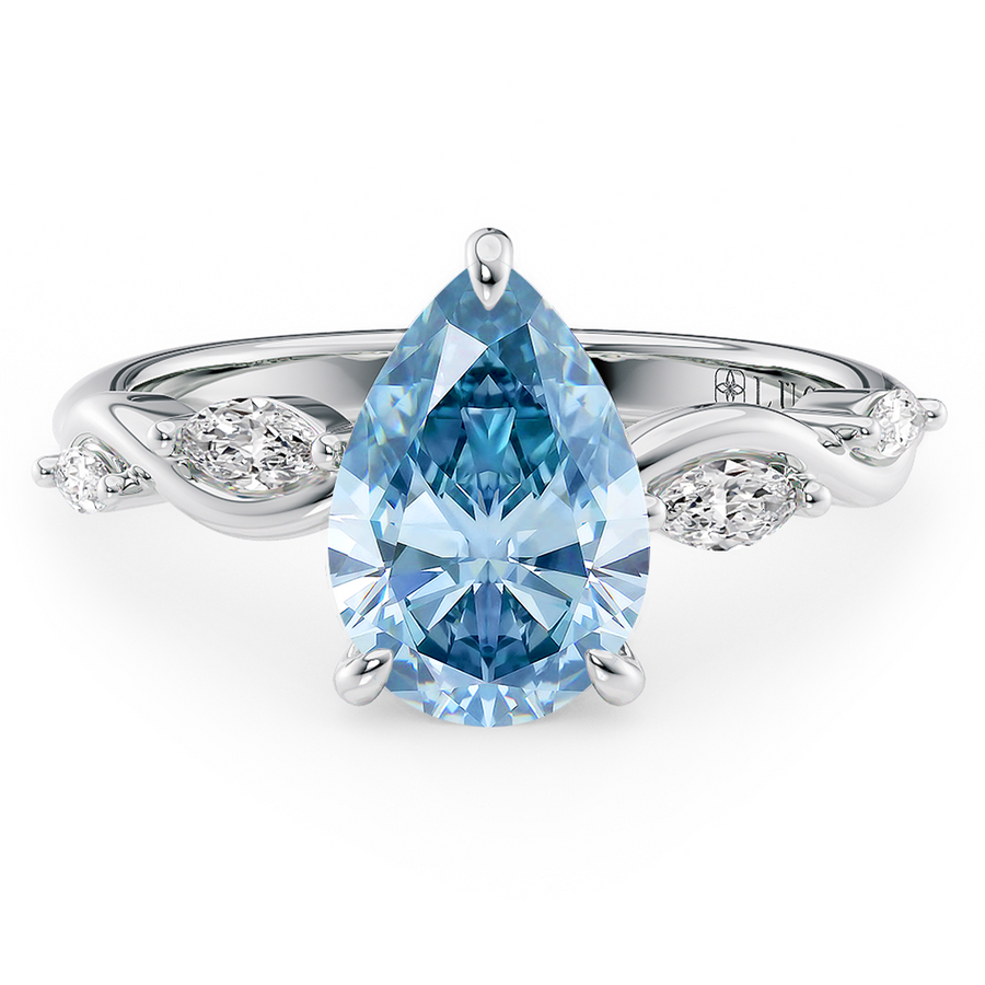 Load image into Gallery viewer, LUCCE Pear Blue Diamond Engagement Ring on Low Setting with marquise accents in Gold or Platinum
