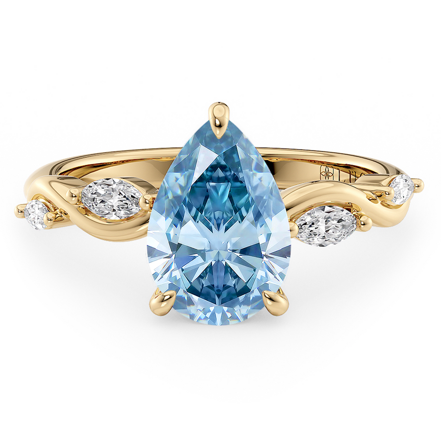 Load image into Gallery viewer, LUCCE Pear Blue Diamond Engagement Ring on Low Setting with marquise accents in Gold or Platinum
