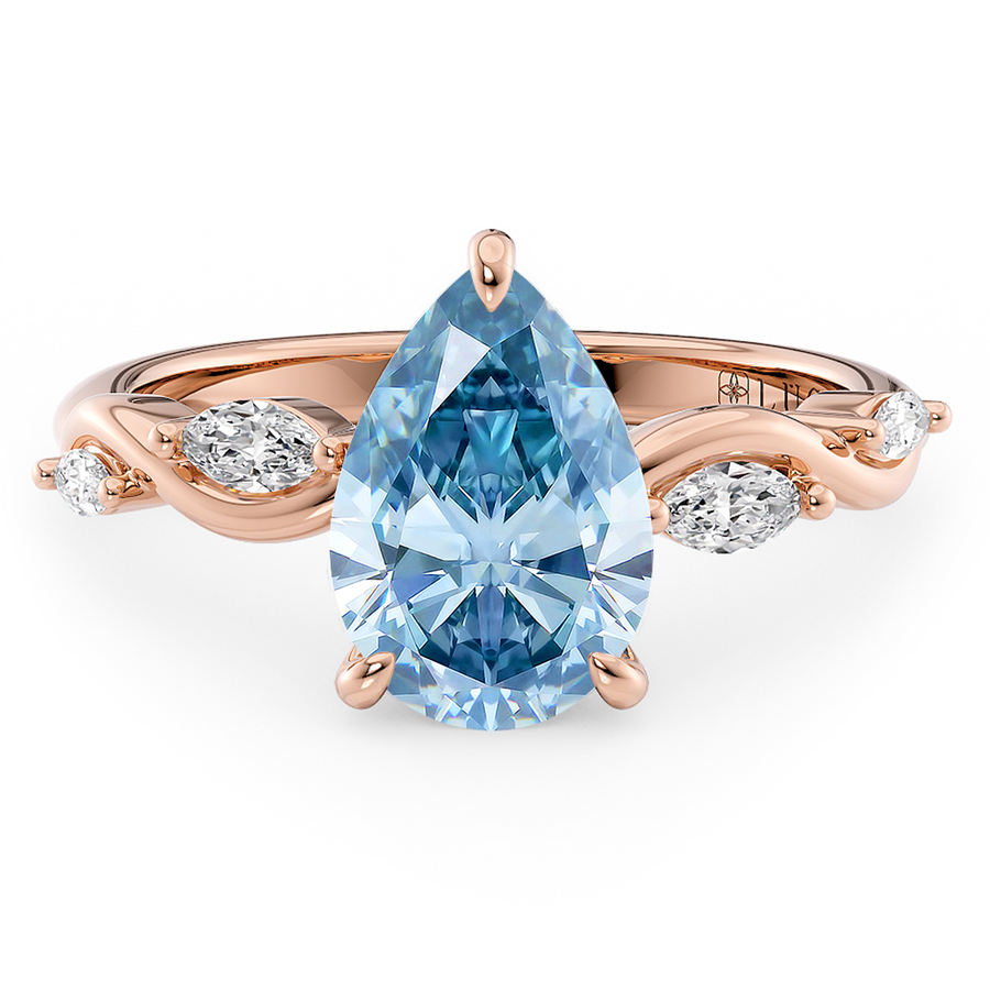 Load image into Gallery viewer, LUCCE Pear Blue Diamond Engagement Ring on Low Setting with marquise accents in Gold or Platinum
