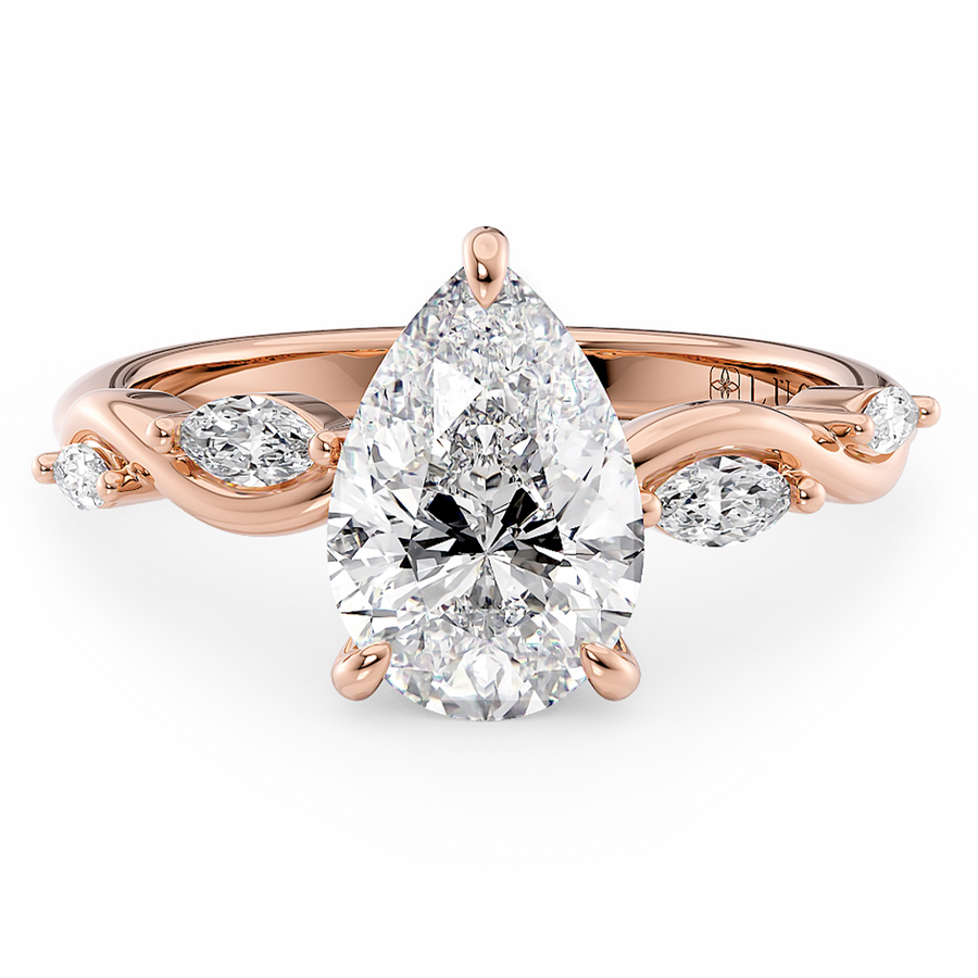 Load image into Gallery viewer, LUCCE Pear Engagement Ring Low Setting with Lab or Natural Diamond and marquise accents in Gold or Platinum
