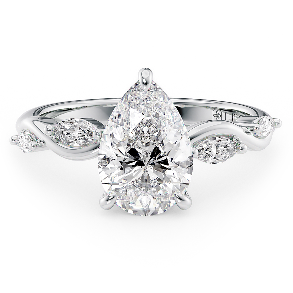Load image into Gallery viewer, LUCCE Pear Engagement Ring Low Setting with Lab or Natural Diamond and marquise accents in Gold or Platinum
