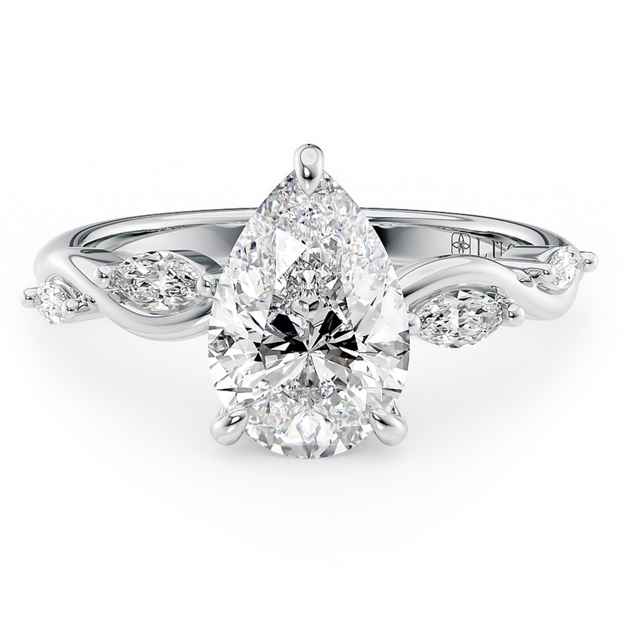 Load image into Gallery viewer, LUCCE Pear Engagement Ring Low Setting with Lab or Natural Diamond and marquise accents in Gold or Platinum
