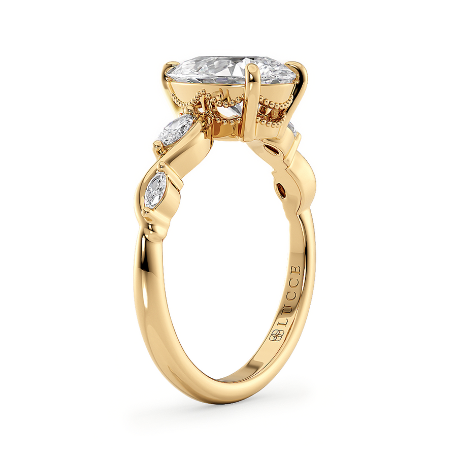 Load image into Gallery viewer, LUCCE Pear Engagement Ring Low Setting with Lab or Natural Diamond and marquise accents in Gold or Platinum
