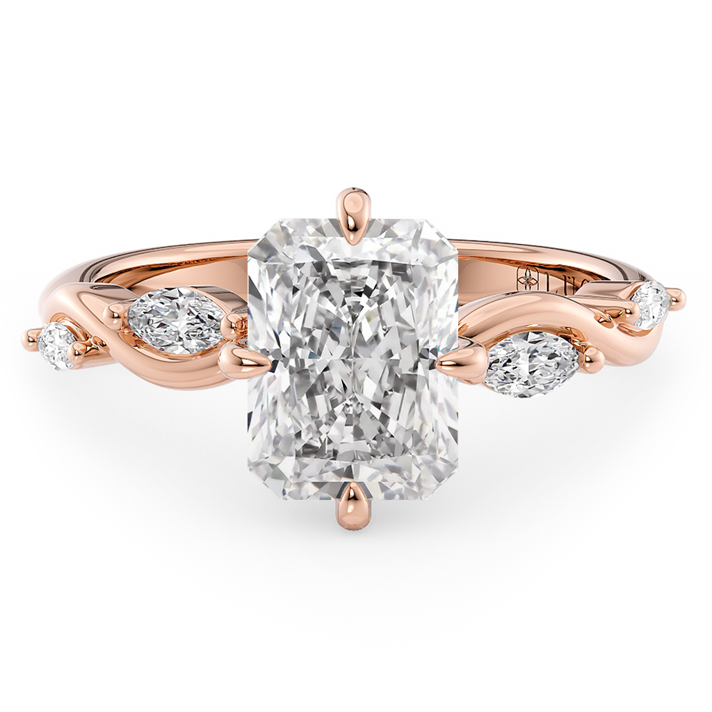 Load image into Gallery viewer, LUCCE Radiant Diamond Engagement Ring on Low Setting with marquise accents in Gold or Platinum
