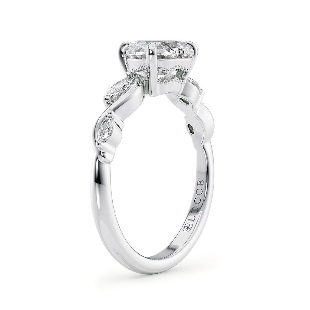 Load image into Gallery viewer, LUCCE Heart Diamond Engagement Ring on Low Setting with marquise accents in Gold or Platinum

