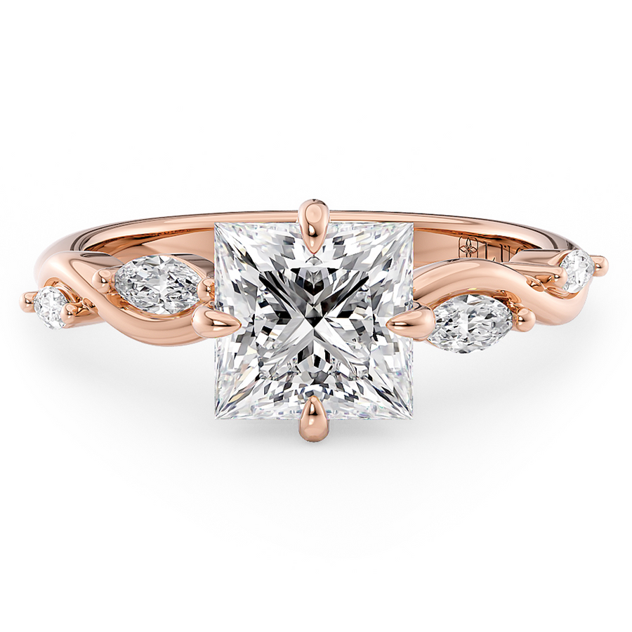 Load image into Gallery viewer, LUCCE Princess Engagement Ring Low Setting with Lab or Natural Diamond and marquise accents in Gold or Platinum
