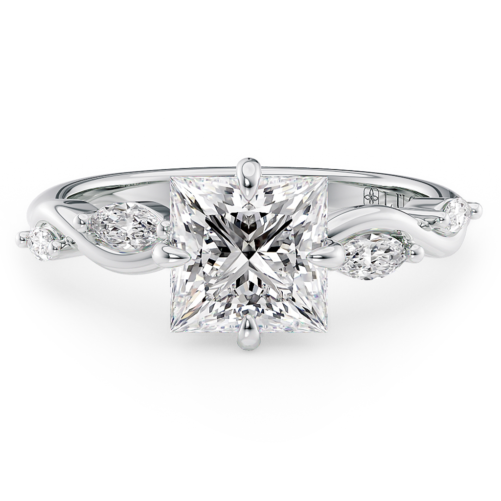 Load image into Gallery viewer, LUCCE Princess Engagement Ring Low Setting with Lab or Natural Diamond and marquise accents in Gold or Platinum
