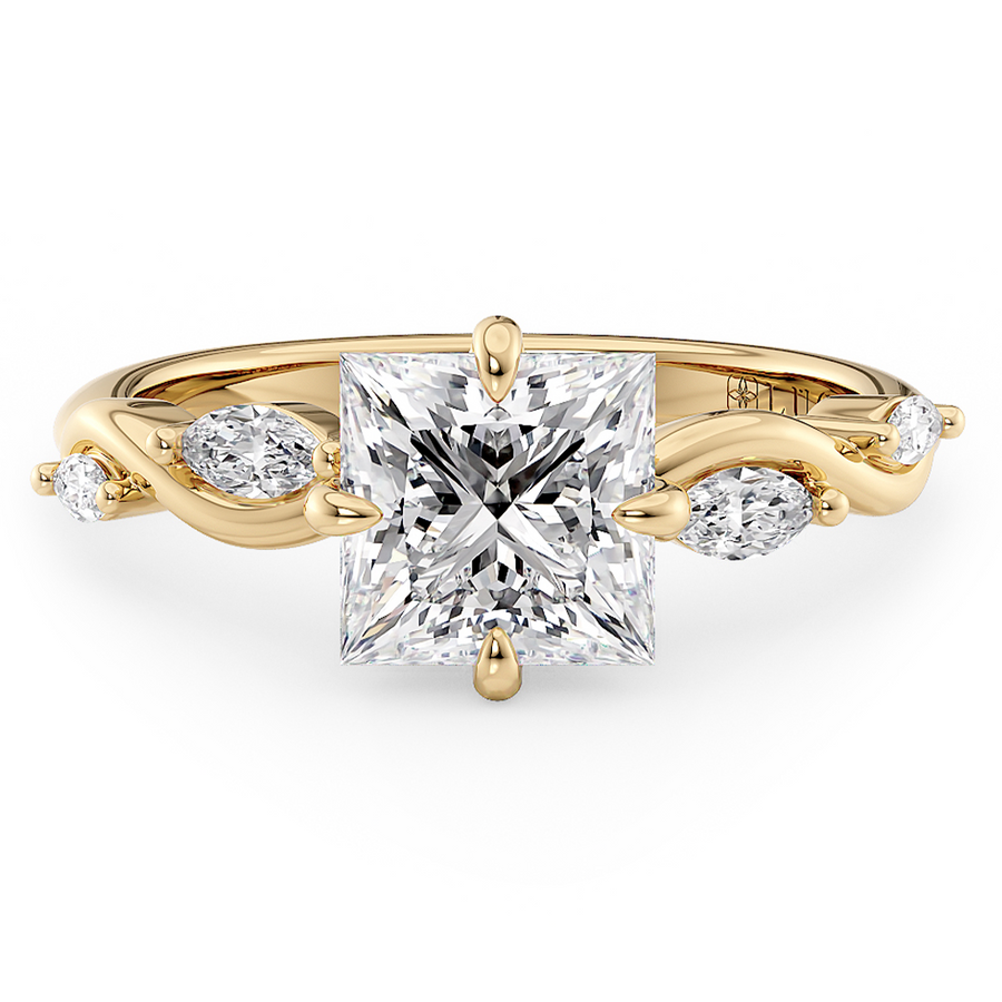Load image into Gallery viewer, LUCCE Princess Engagement Ring Low Setting with Lab or Natural Diamond and marquise accents in Gold or Platinum
