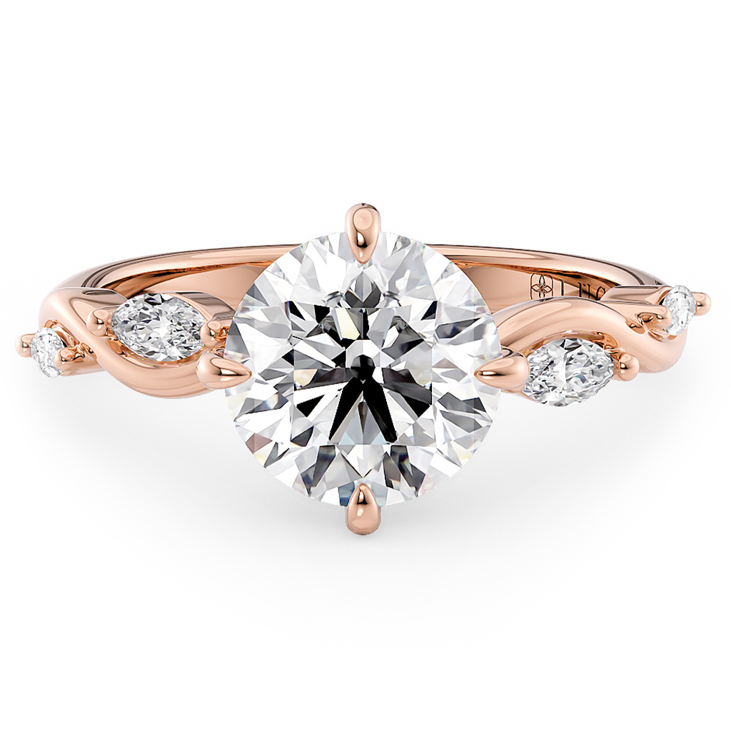Load image into Gallery viewer, LUCCE Round Engagement Ring Low Setting with Lab or Natural Diamond and marquise accents in Gold or Platinum
