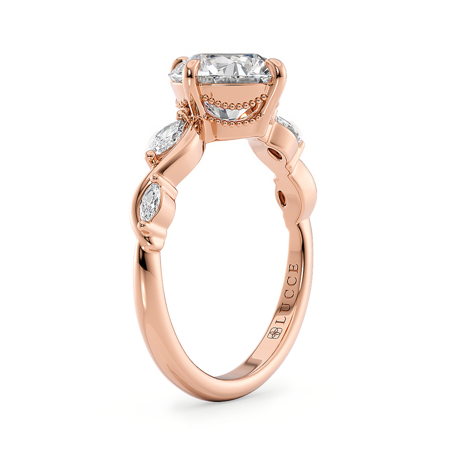 Load image into Gallery viewer, LUCCE Round Engagement Ring Low Setting with Lab or Natural Diamond and marquise accents in Gold or Platinum
