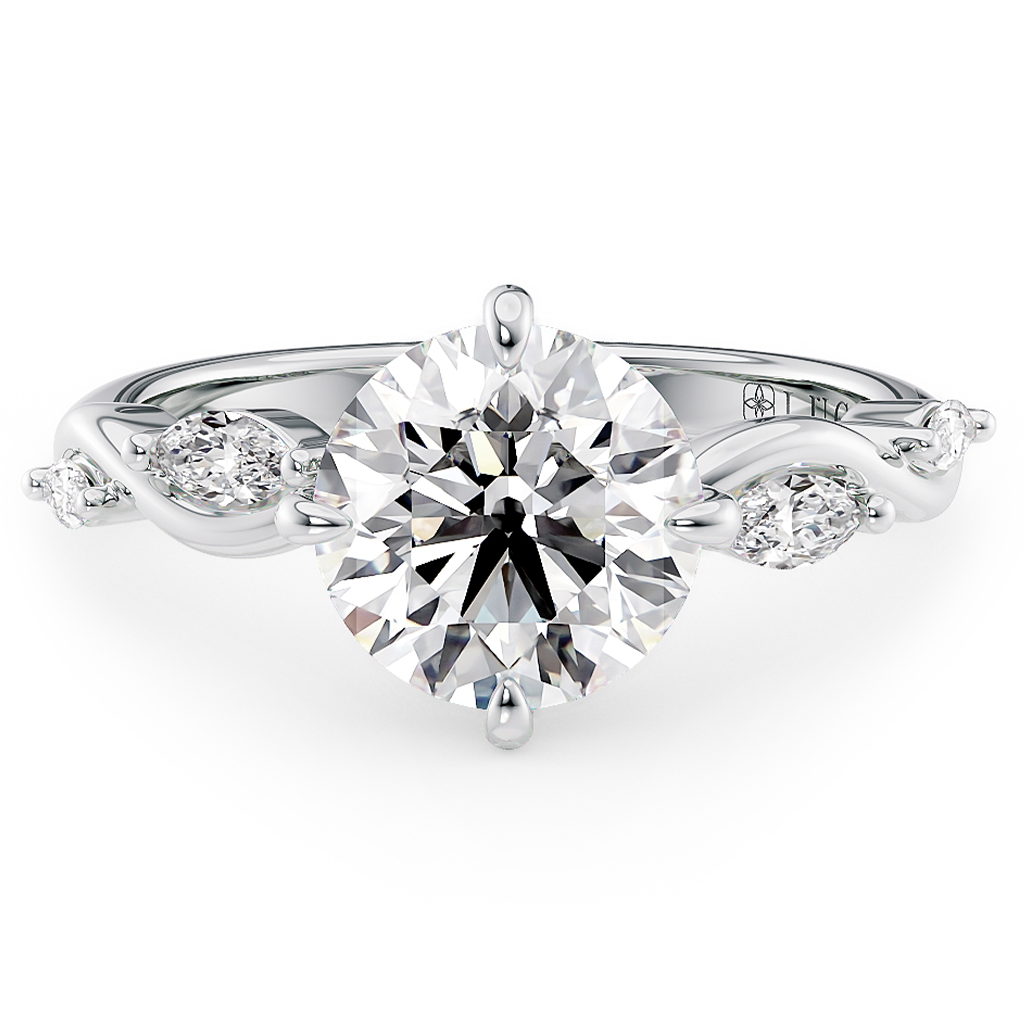 Load image into Gallery viewer, LUCCE Round Engagement Ring Low Setting with Lab or Natural Diamond and marquise accents in Gold or Platinum
