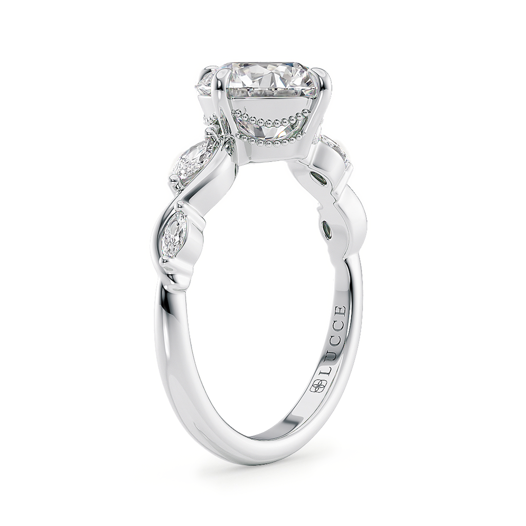 Load image into Gallery viewer, LUCCE Round Engagement Ring Low Setting with Lab or Natural Diamond and marquise accents in Gold or Platinum
