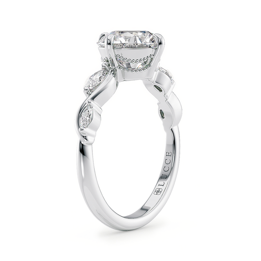 Load image into Gallery viewer, LUCCE Round Engagement Ring Low Setting with Lab or Natural Diamond and marquise accents in Gold or Platinum

