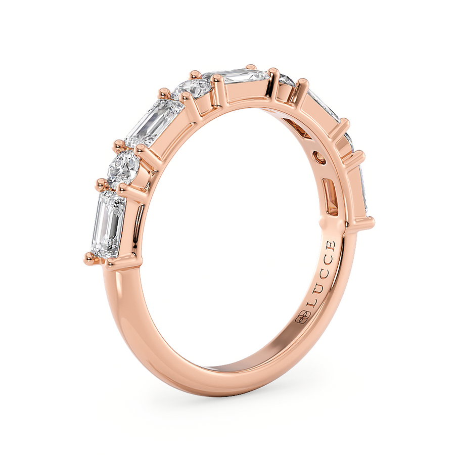 Load image into Gallery viewer, LUCCE Half Eternity Alternating Baguette and Round Diamond Female Wedding Ring in Gold or Platinum
