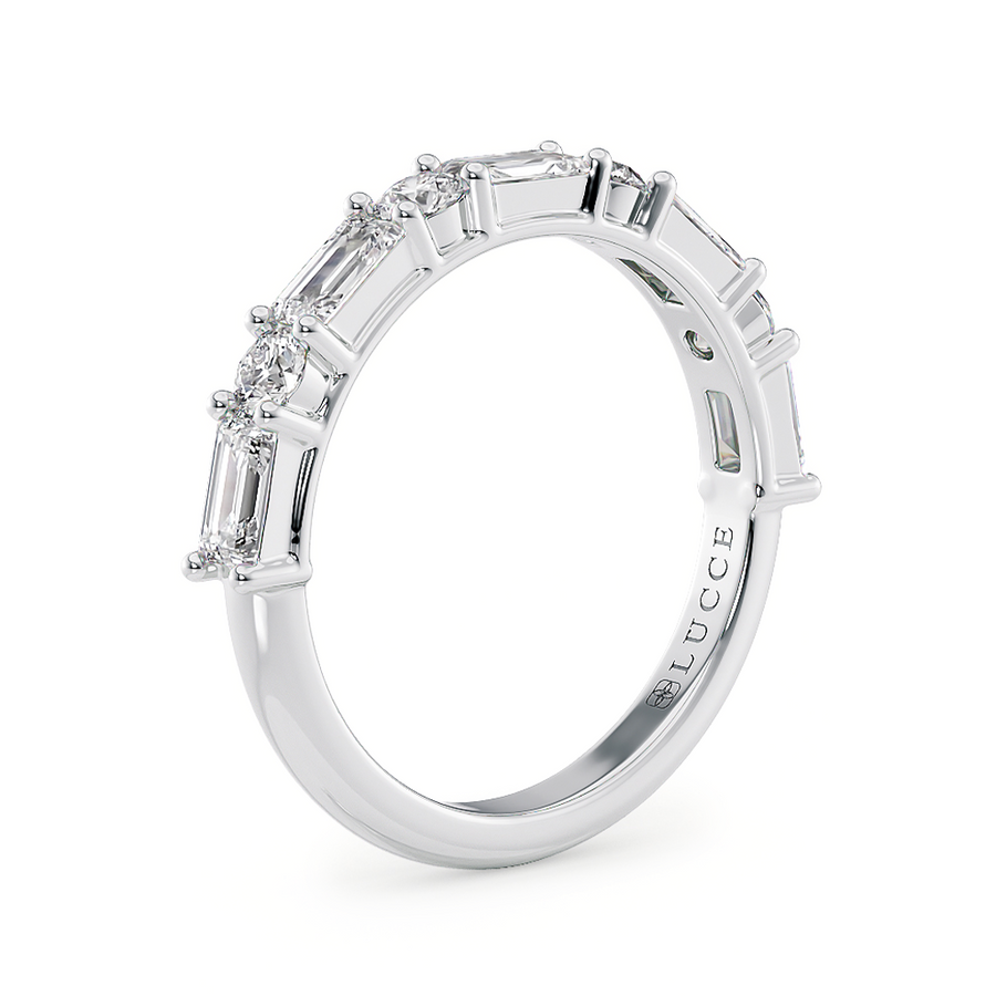 Load image into Gallery viewer, LUCCE Half Eternity Alternating Baguette and Round Diamond Female Wedding Ring in Gold or Platinum
