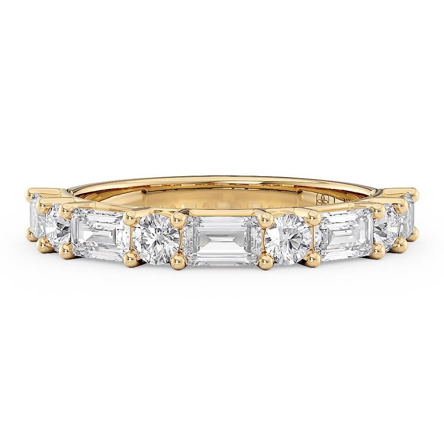 Load image into Gallery viewer, LUCCE Half Eternity Alternating Baguette and Round Diamond Female Wedding Ring in Gold or Platinum
