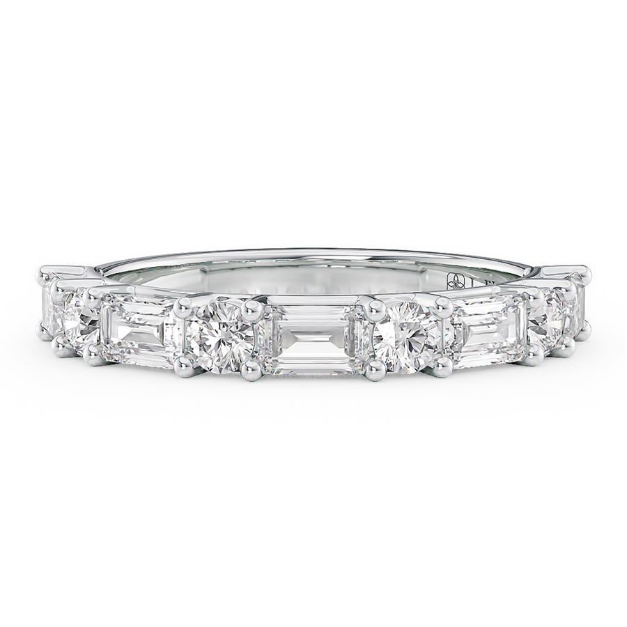 Load image into Gallery viewer, LUCCE Half Eternity Alternating Baguette and Round Diamond Female Wedding Ring in Gold or Platinum
