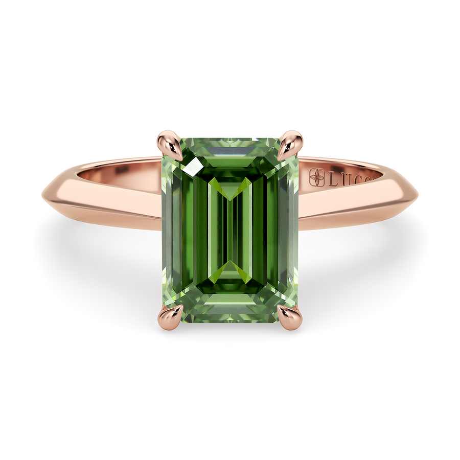 Load image into Gallery viewer, LUCCE Knife Edge Cathedral Emerald Green Diamond Solitaire Engagement Ring with Overlapping Petal Prongs in Gold or Platinum
