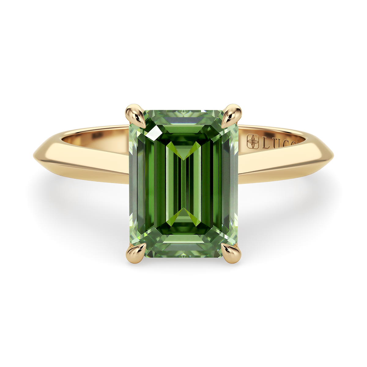 Load image into Gallery viewer, LUCCE Knife Edge Cathedral Emerald Green Diamond Solitaire Engagement Ring with Overlapping Petal Prongs in Gold or Platinum
