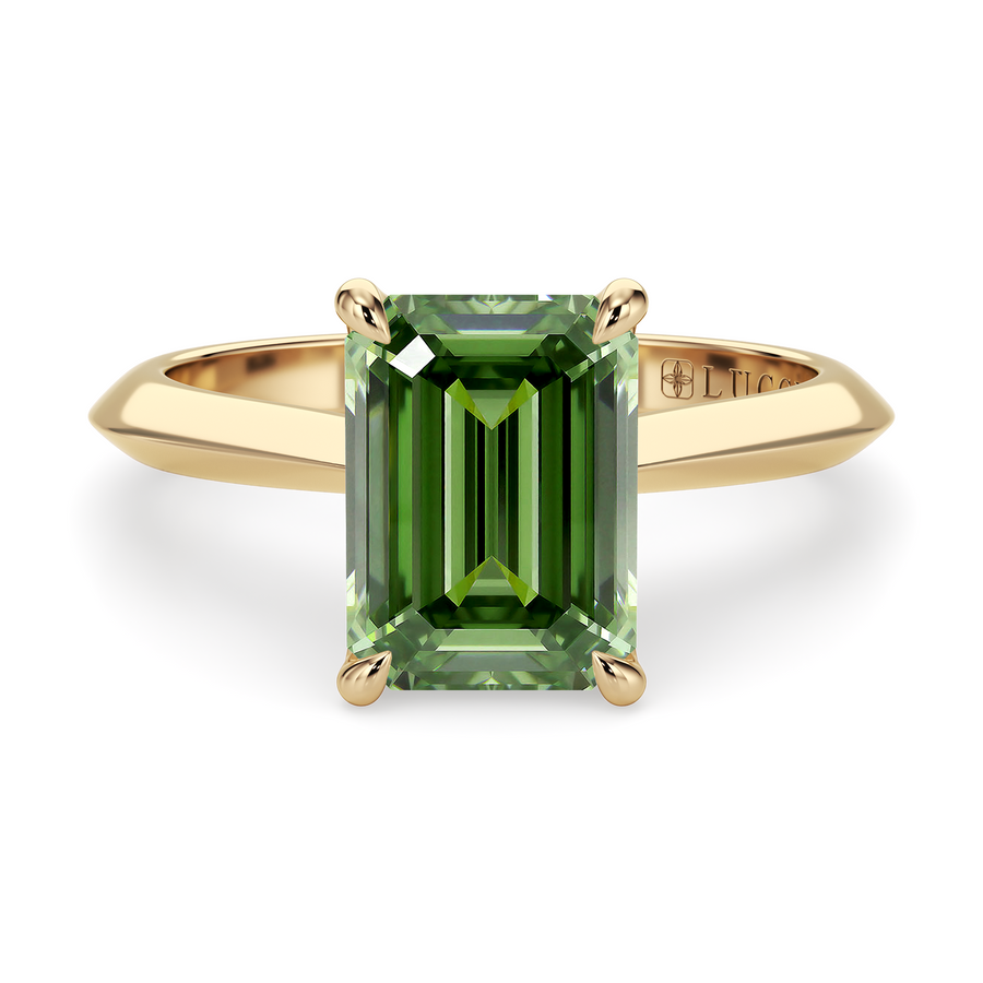 Load image into Gallery viewer, LUCCE Knife Edge Cathedral Emerald Green Diamond Solitaire Engagement Ring with Overlapping Petal Prongs in Gold or Platinum
