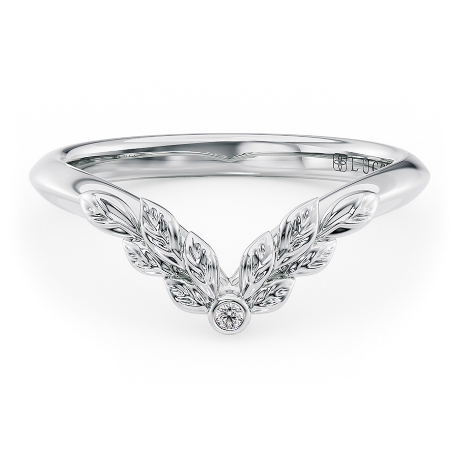 Load image into Gallery viewer, LUCCE Chevron Carved Leaves with Round Diamond Wedding Ring in Gold or Platinum
