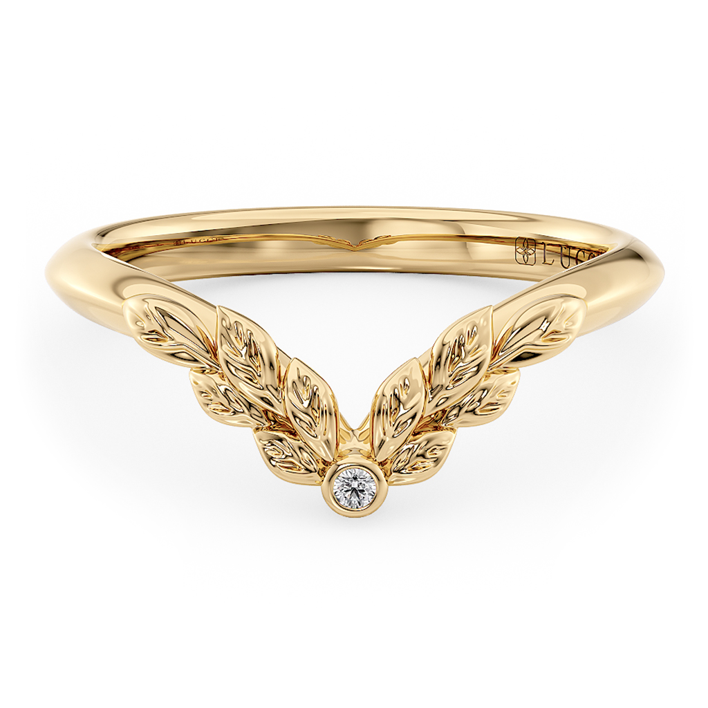 Load image into Gallery viewer, LUCCE Chevron Carved Leaves with Round Diamond Wedding Ring in Gold or Platinum
