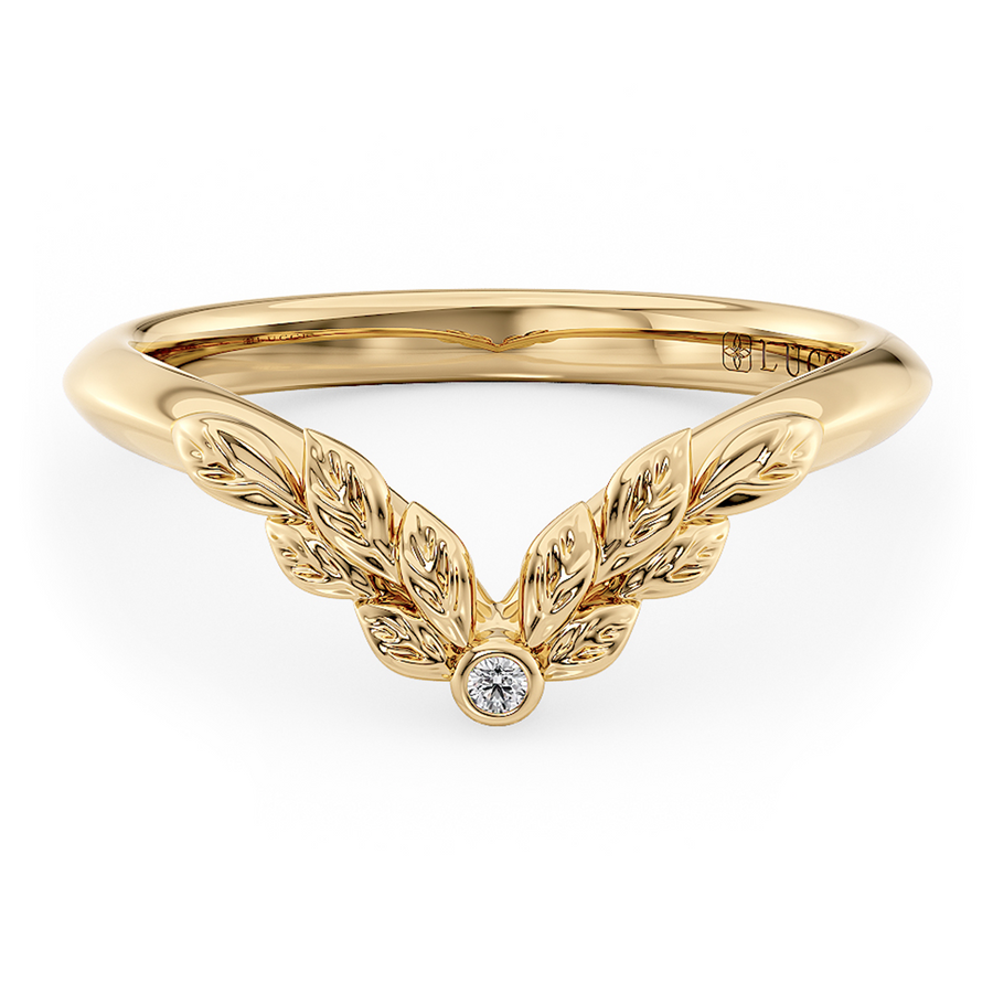 Load image into Gallery viewer, LUCCE Chevron Carved Leaves with Round Diamond Wedding Ring in Gold or Platinum
