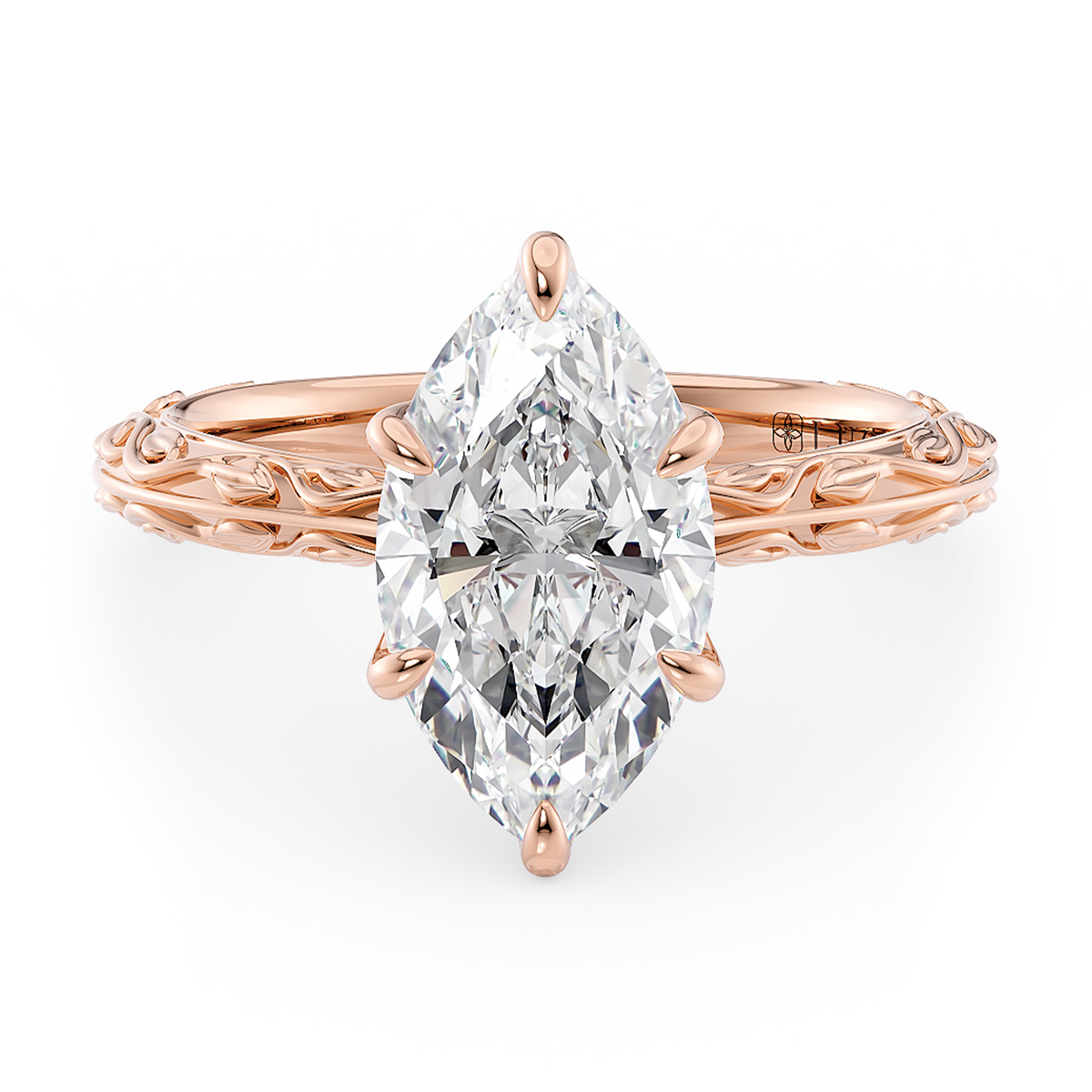Load image into Gallery viewer, LUCCE Carved Knife Edge Cathedral Marquise Diamond Solitaire Engagement Ring with Overlapping Petal Prongs in Gold or Platinum
