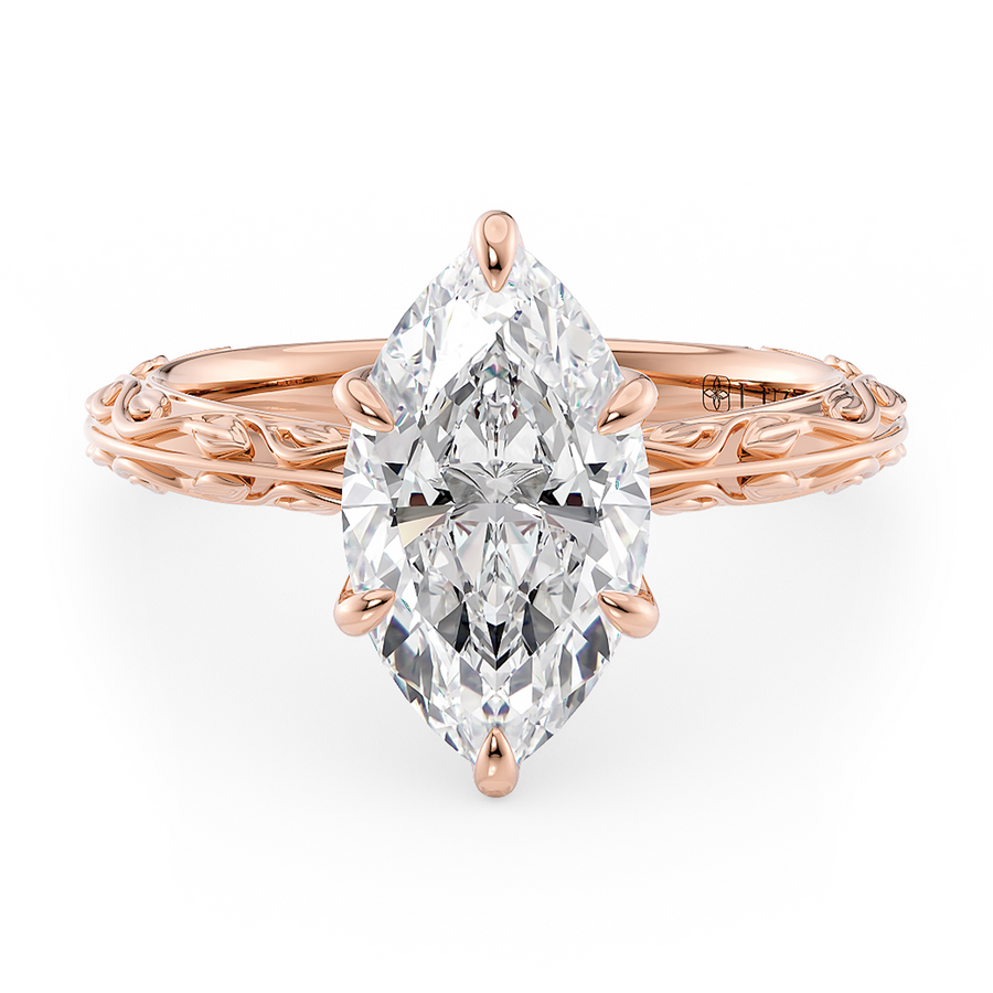 Load image into Gallery viewer, LUCCE Carved Knife Edge Cathedral Marquise Diamond Solitaire Engagement Ring with Overlapping Petal Prongs in Gold or Platinum
