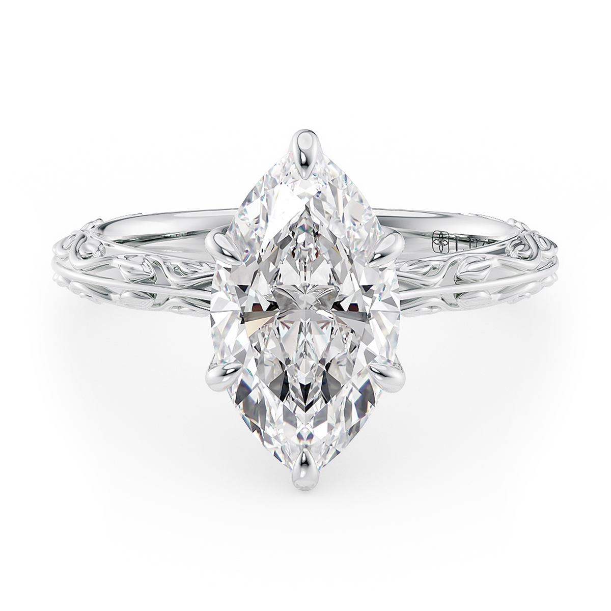 Load image into Gallery viewer, LUCCE Carved Knife Edge Cathedral Marquise Diamond Solitaire Engagement Ring with Overlapping Petal Prongs in Gold or Platinum
