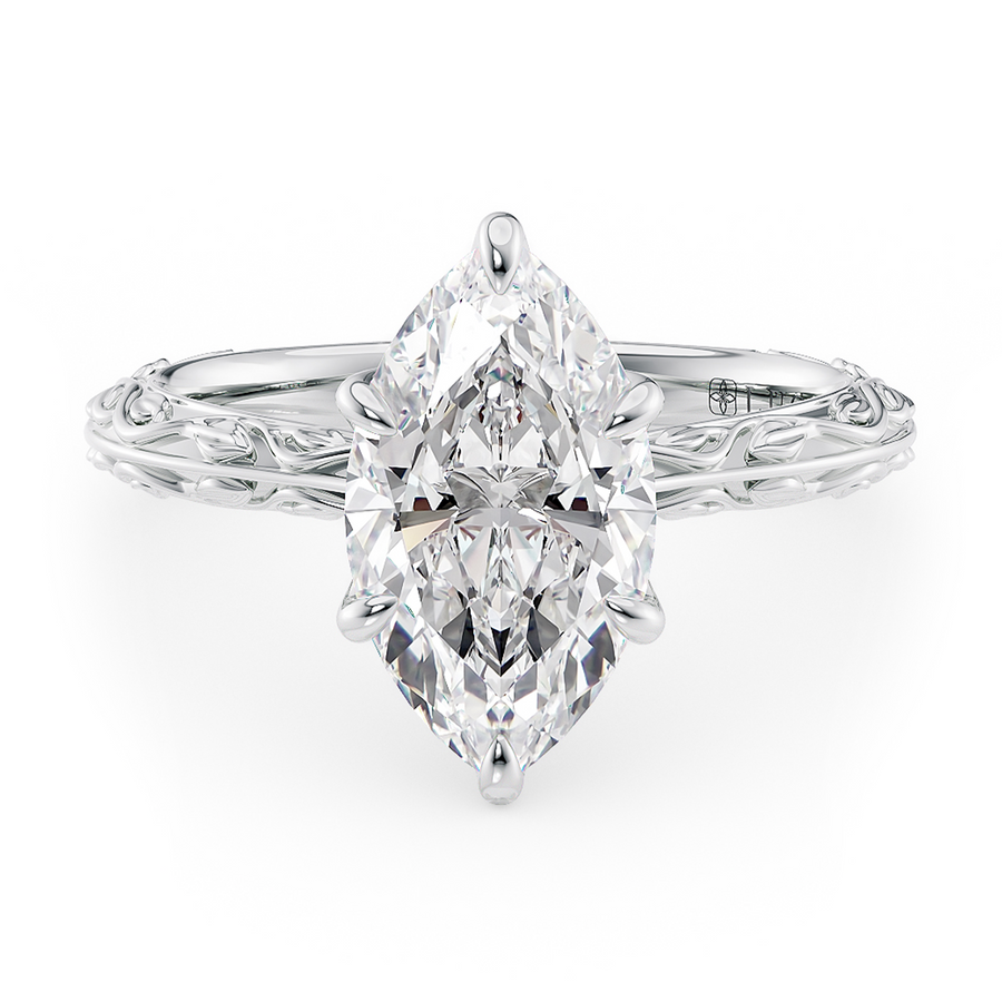 Load image into Gallery viewer, LUCCE Carved Knife Edge Cathedral Marquise Diamond Solitaire Engagement Ring with Overlapping Petal Prongs in Gold or Platinum
