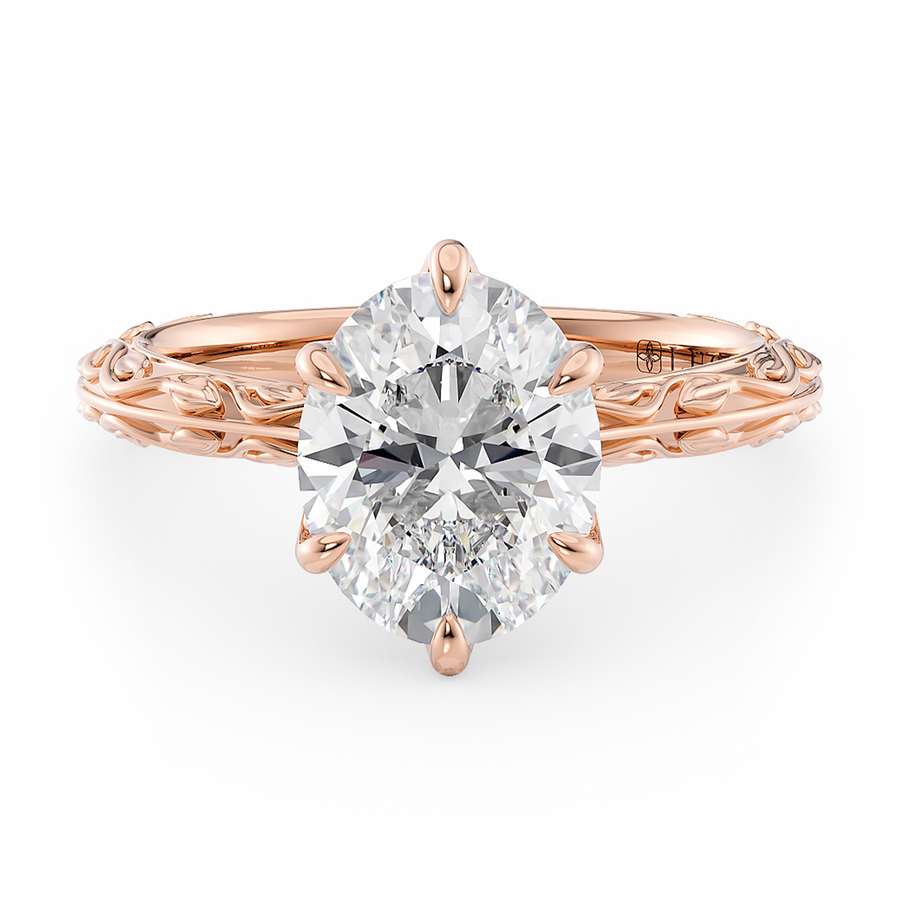 Load image into Gallery viewer, LUCCE Carved Knife Edge Cathedral Oval Diamond Solitaire Engagement Ring with Overlapping Petal Prongs in Gold or Platinum
